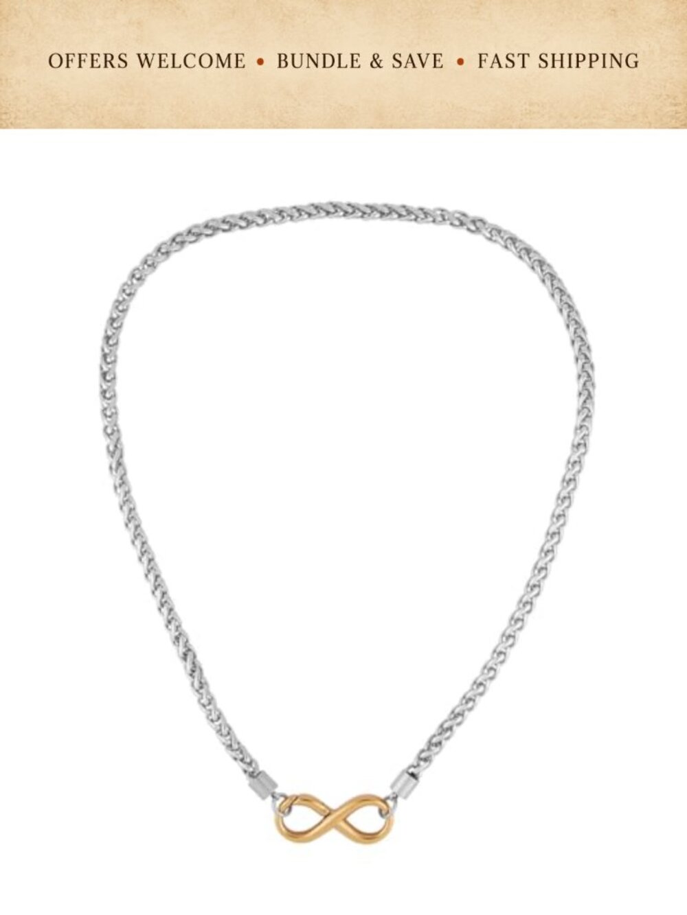 18" Chunky Stainless Steel Wheat Chain Infinity Clasp Necklace